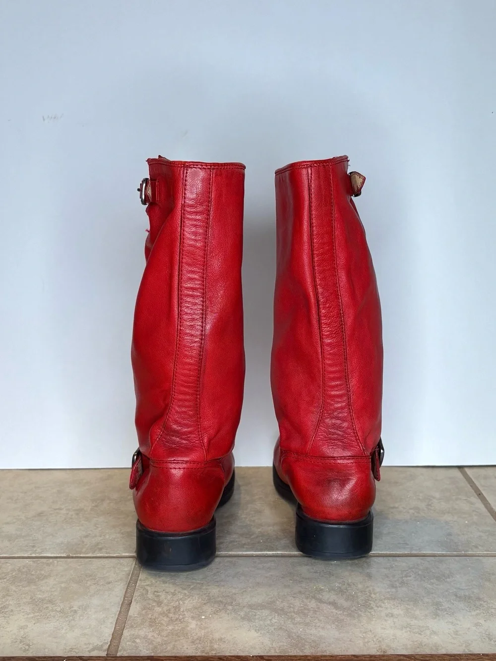 Boys Frye Red Leather Mid-Calf Buckle Boots